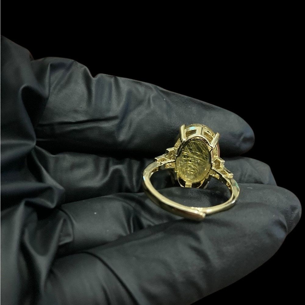 Genuine Rutilated Quartz Statement Gold-Tone Adjustable Eye-Catching Ring - Picture 8 of 11